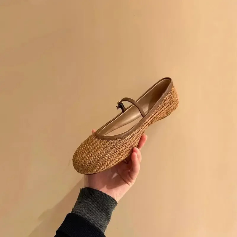Spring Summer French Style Mary Jane Shoes Weaving Hollow Out Sandals Square Toe Buckle Strap Flats Shoes Women 250328