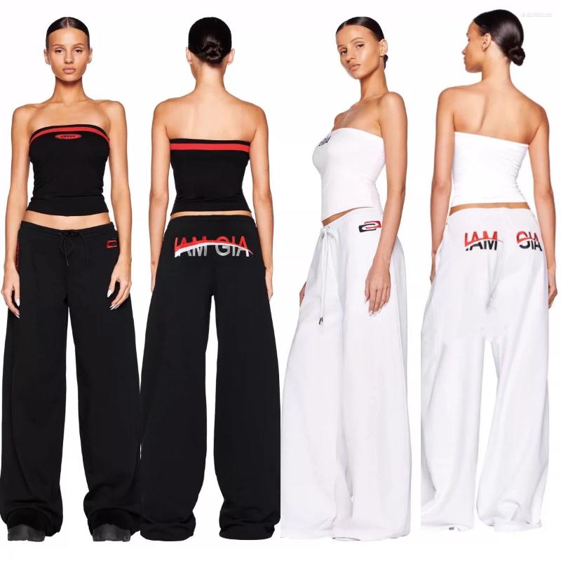 Women's Pants Iamgia White Strapless Top Low-rise Sports Sweatpants Loose Mopping Embroidery Design