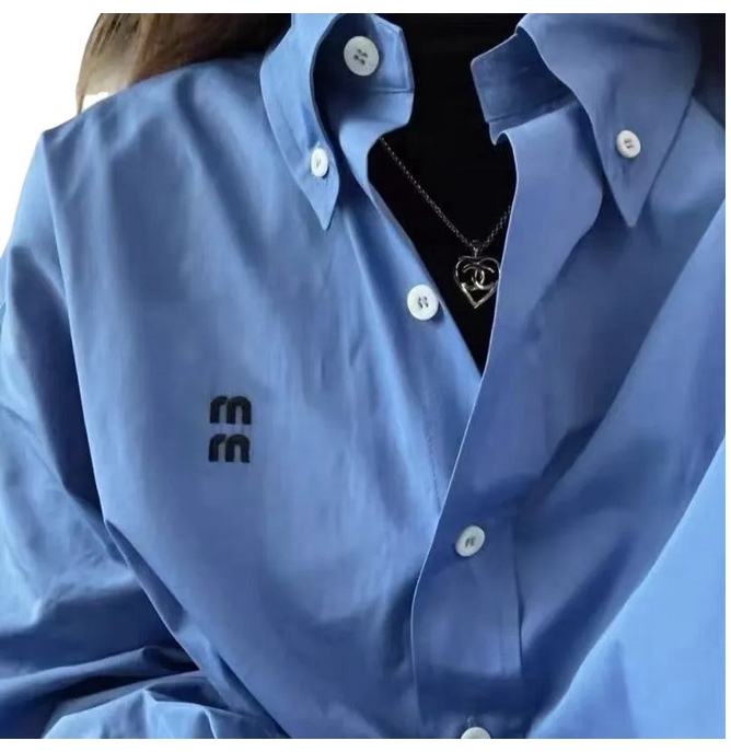 Loose Designer Shirts 2025 Women Blue Blouse Fashion Spring Embroidery Luxury Base Shirt Womens Long Sleeve Lapel Coat Tops