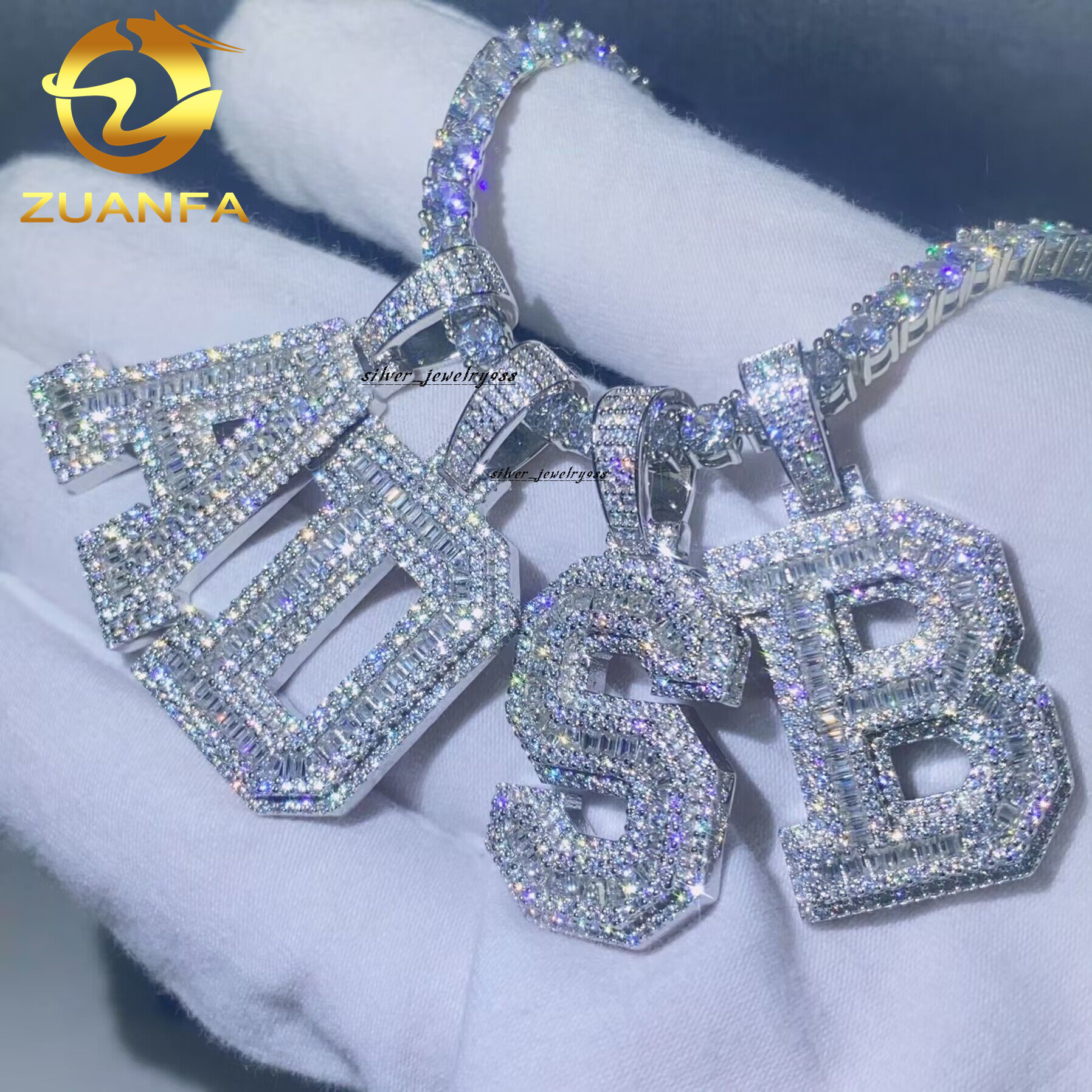Jewelry Vvs Diamond Iced Out Hip Hop Gold Plated baguette Moissanite Letter Pendant Necklace
