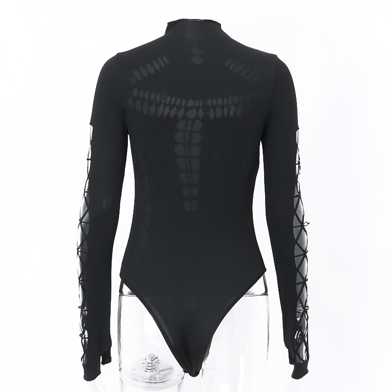 Womens Jumpsuits Sexy Hollow Out High Collar Bodysuit Bodycon Y2K Long Sleeves Fashion T Shirts Women Gothic Punk Streetwear Bodysuits