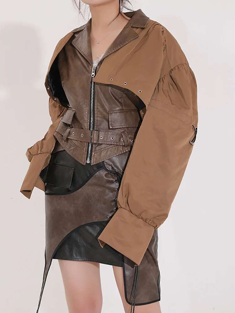 hoodie New Autumn And Winter Fashion Women Clothes Turn-Down Collar Full Sleeves Spliced PU Leather Patchwork Jacket jacket