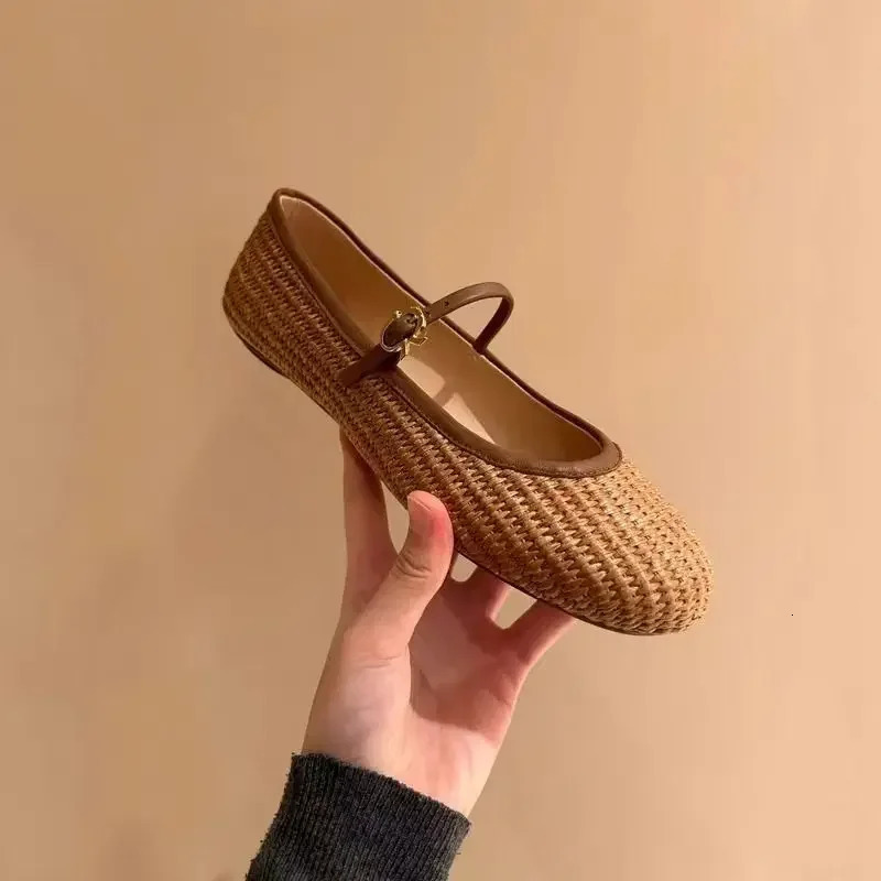 Spring Summer French Style Mary Jane Shoes Weaving Hollow Out Sandals Square Toe Buckle Strap Flats Shoes Women 250328