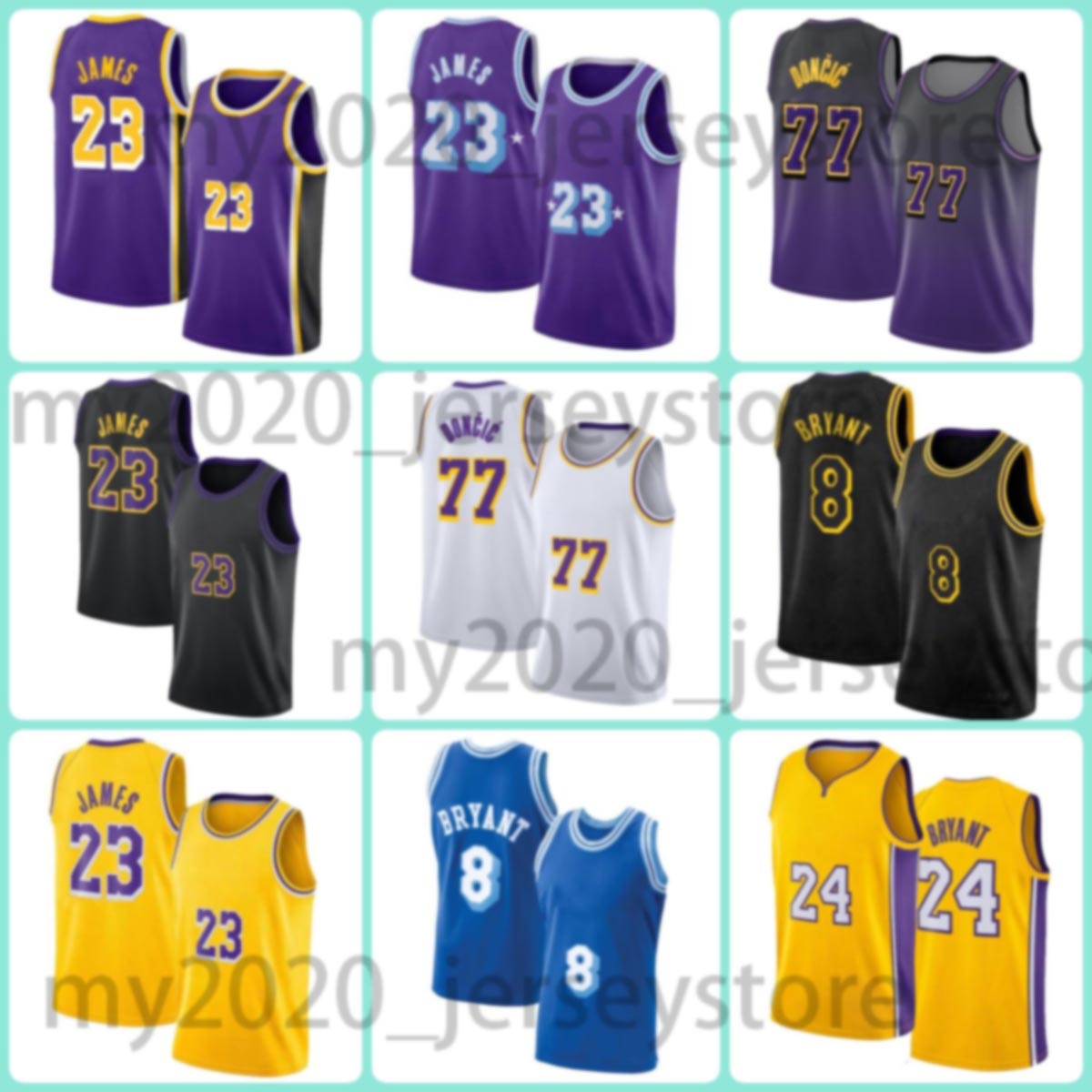 23 LeBrons James Basketball Jersey 77 Lukas Doncic Los Angeleses 8 24 Bryant Men Jerseys Lakeres Quick Dry Embroidered Black Yellow