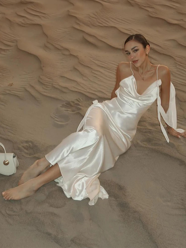Sexy White Ribbon Silk Satin Sling Dress For Women Elegant Swing Collar Backless Long Dresses 2025 Women Beach Vacation Robe 250327