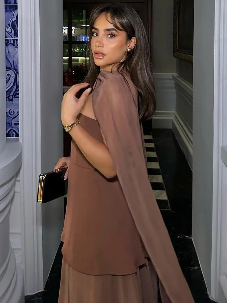 Nibber Simple Fad Elegant Womens 2piece Strap Shawl TopStrapless Splicing Mesh Irregular Dress Summer Matching Set 250328