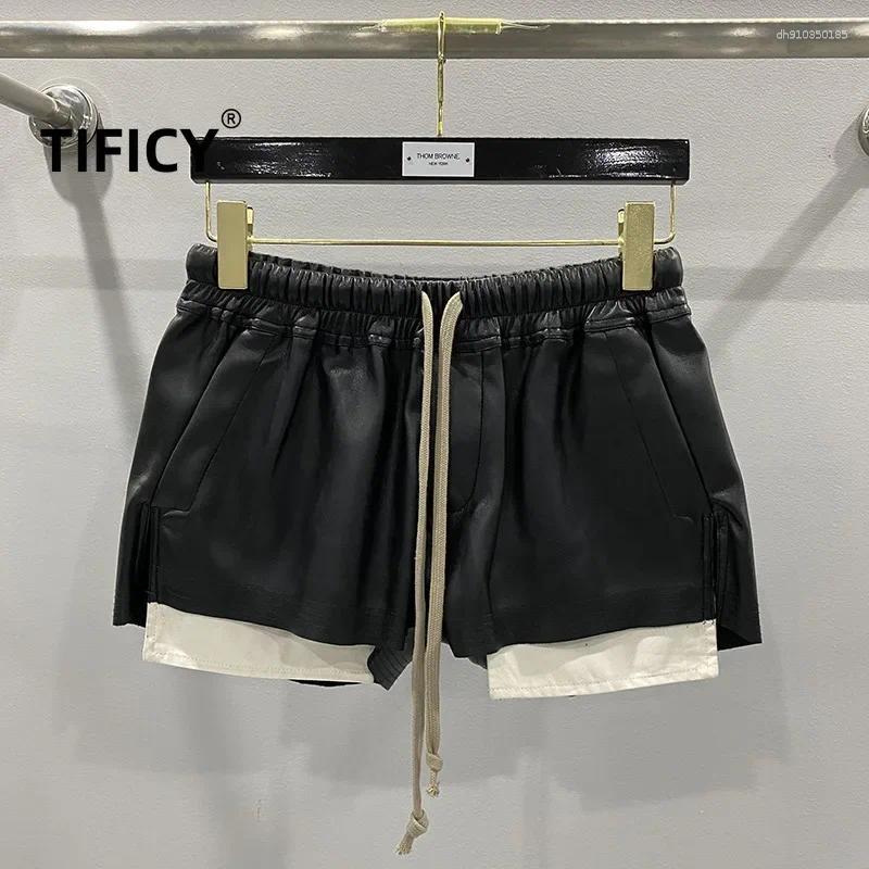 Men's Shorts Women's Fashion Basic PU Leather Four Corner Pockets Comfortable Versatile Black Short Pants