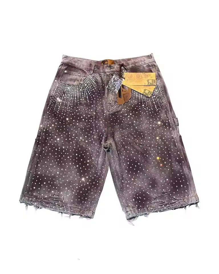 Retro Baggy Shorts for Men Heavy Industry Diamond High Waist Cowboy Sweatpants Hip Hop Gothic Basketball Shorts Streetwear 250328