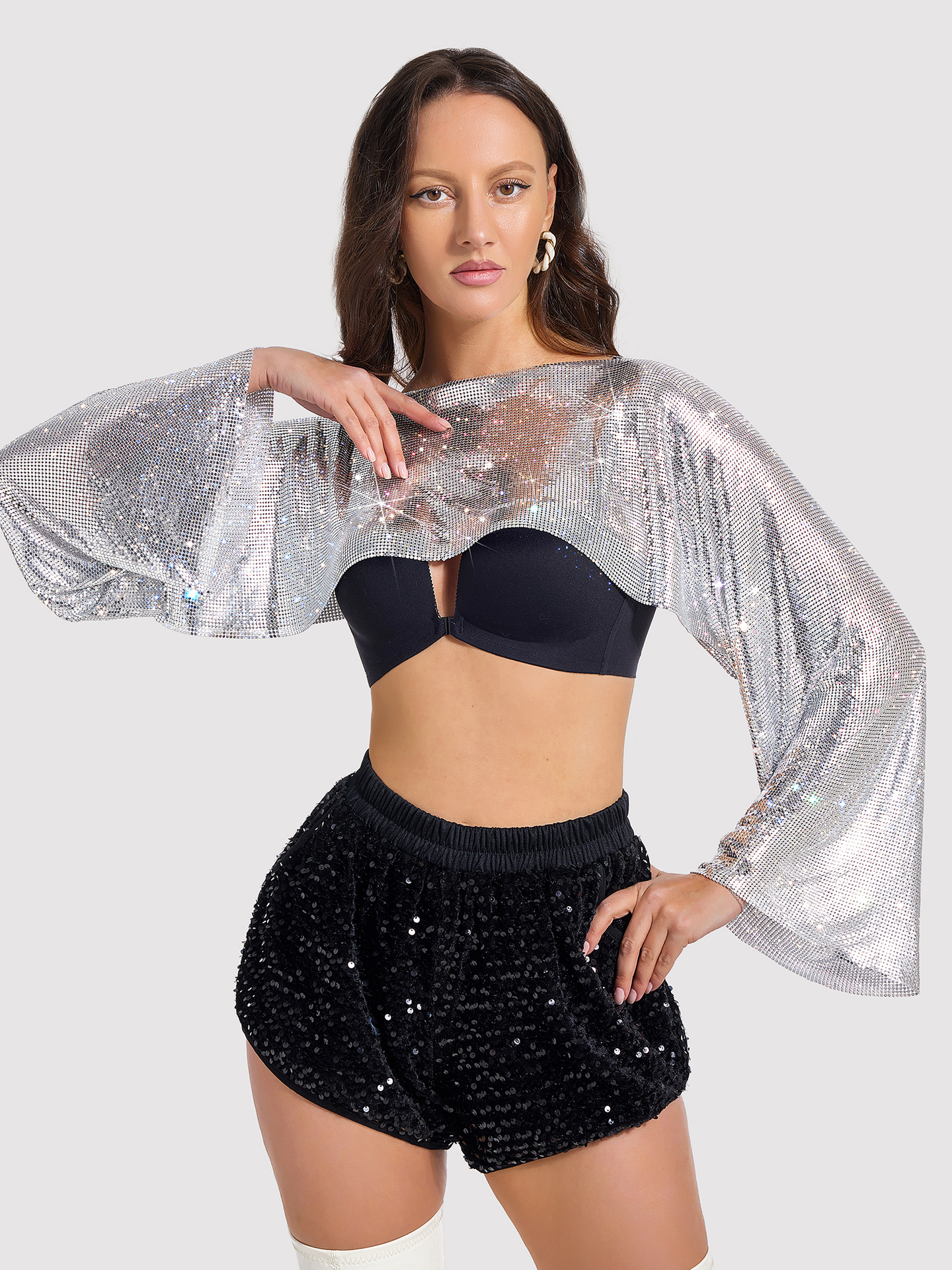 Womens T-Shirt Sequined short shoulder long sleeved jacket with exposed waist and strapless vest sexy womens top