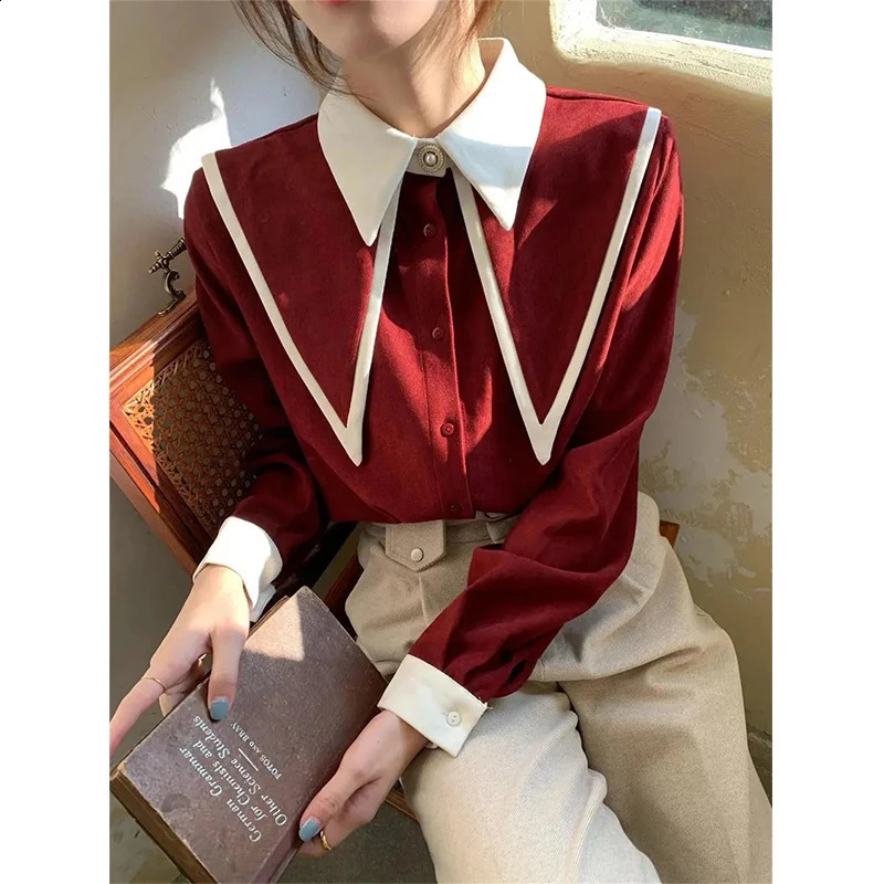 MEXZT Vintage Chiffon Shirts Women Elegant Patchwork Long Sleeve Blouses Office Lady Korean Black Turn Down Collar Casual Tops250324bj