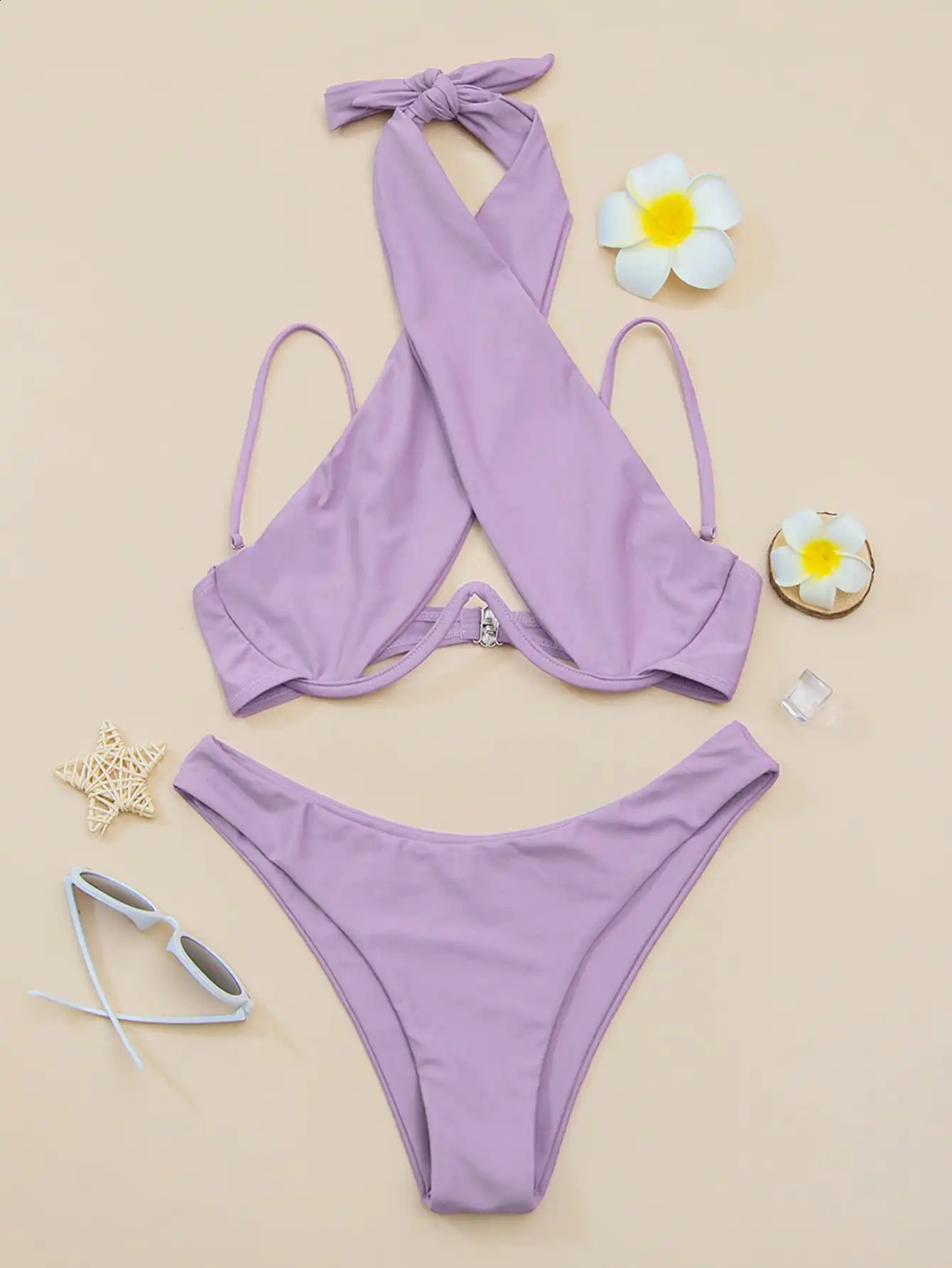 Cross Halter Underwire Bikini Womens Solid Push Up Swimsuit Bathroom Summer Beach Wear 250327