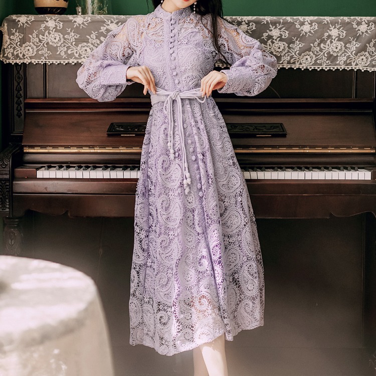 Casual Dresses 2025 Spring/Summer New Fairy Style Lace Hollow Lantern Long Sleeve Slim Tie up Long Dress