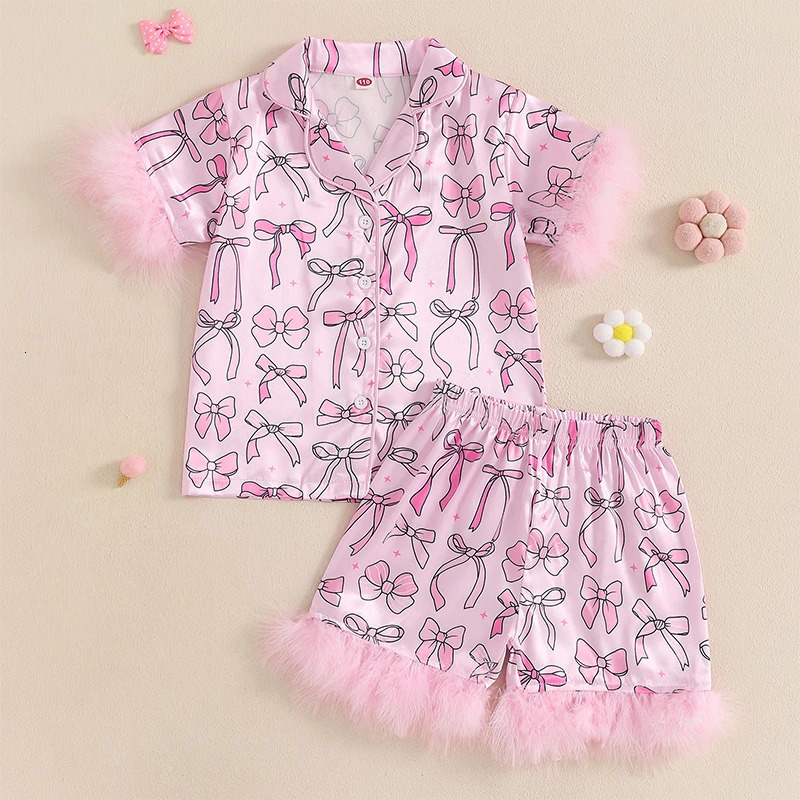 Girls Summer Pajama Set with Cute Bow Print Short Sleeve Shirt and Elastic Waist Shorts for Comfortable Sleepwear Loungewear 250328