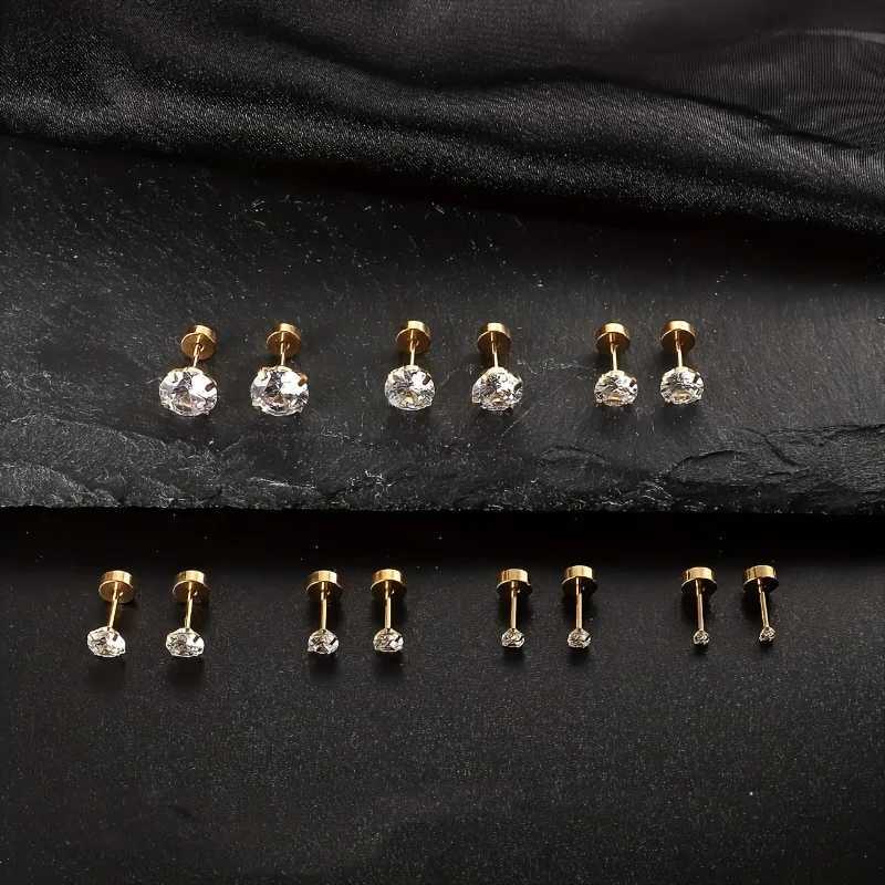 7 pieces/set stainless steel crystal flat stud womens mens bar screw back groove round transparent cubic zirconia perforated earrings jewelryXJ250327