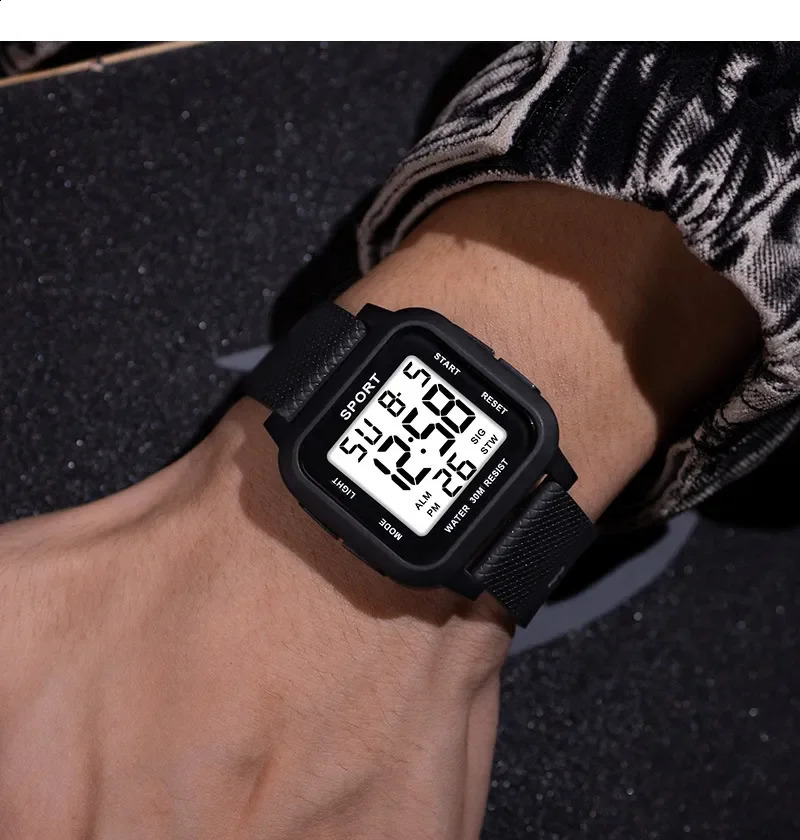 YIKAZE Black Sports Watch Mens Digital Watch Alarm Chrono Clock 3Bar Waterproof Military Men Watches LED Electronic Wristwatch 250328