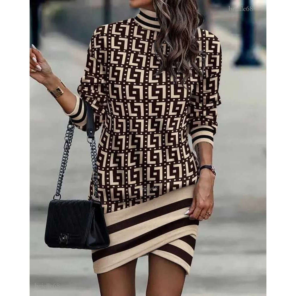 Plus Size 3xl Designer Women Dress Long Sleeve High Collar Printed Irregular Dresses for 2023 Autumn and Winter Clothing