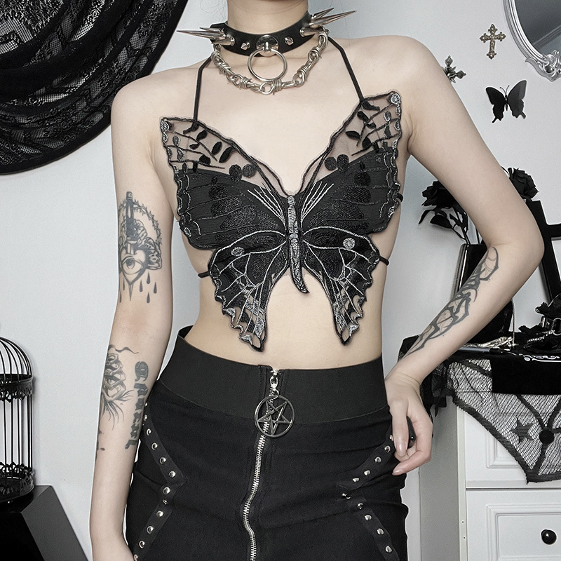 Womens Tanks Camis Gothic Lace Mesh Crop Tops Black Sexy Spaghetti Strap Corset Tops Goth Punk Grunge Fairy Core Halloween Y2K Aesthetic Clothes