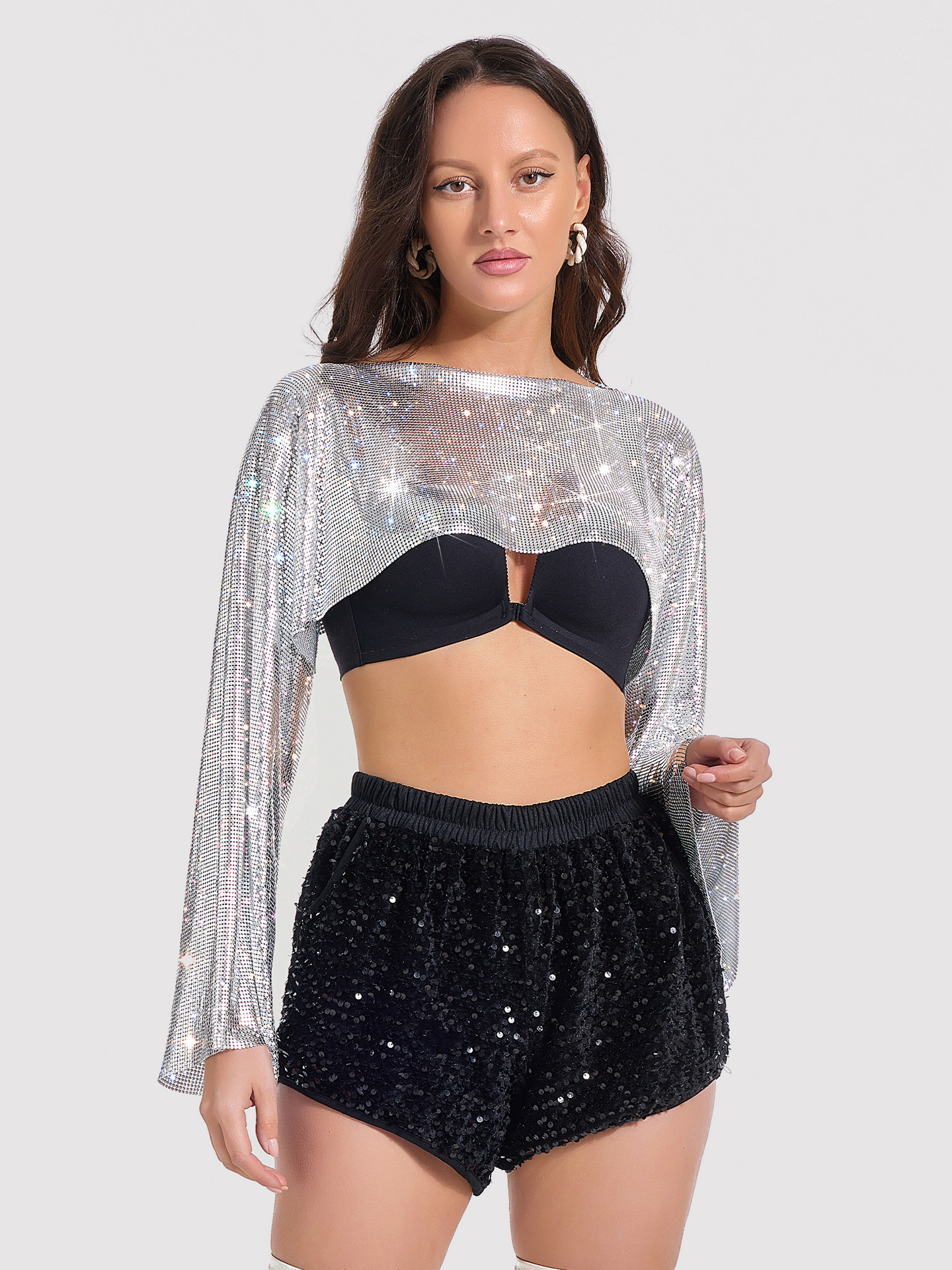 Womens T-Shirt Sequined short shoulder long sleeved jacket with exposed waist and strapless vest sexy womens top