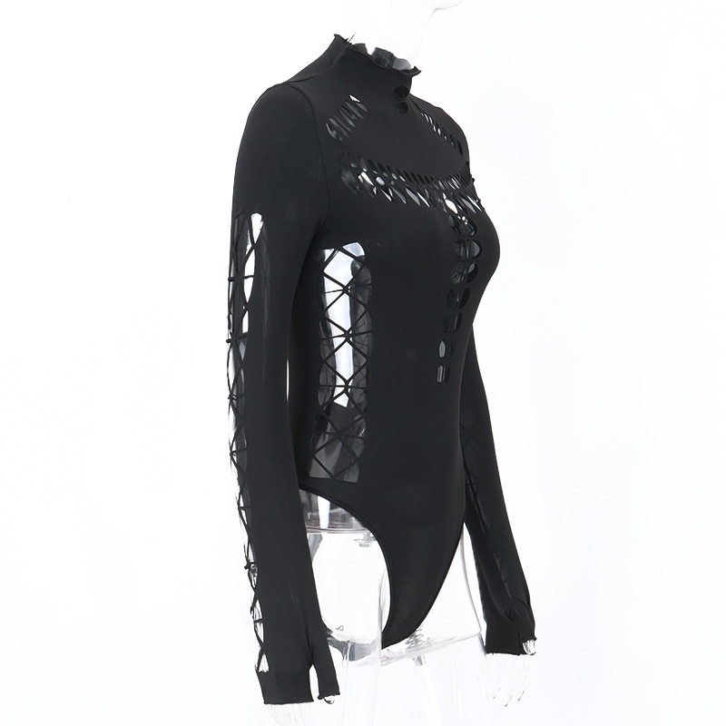 Womens Jumpsuits Sexy Hollow Out High Collar Bodysuit Bodycon Y2K Long Sleeves Fashion T Shirts Women Gothic Punk Streetwear Bodysuits