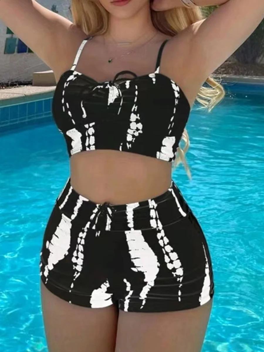 Drawstring Front Shorts Bikini High Waist Swimsuit Womens Bath 250409