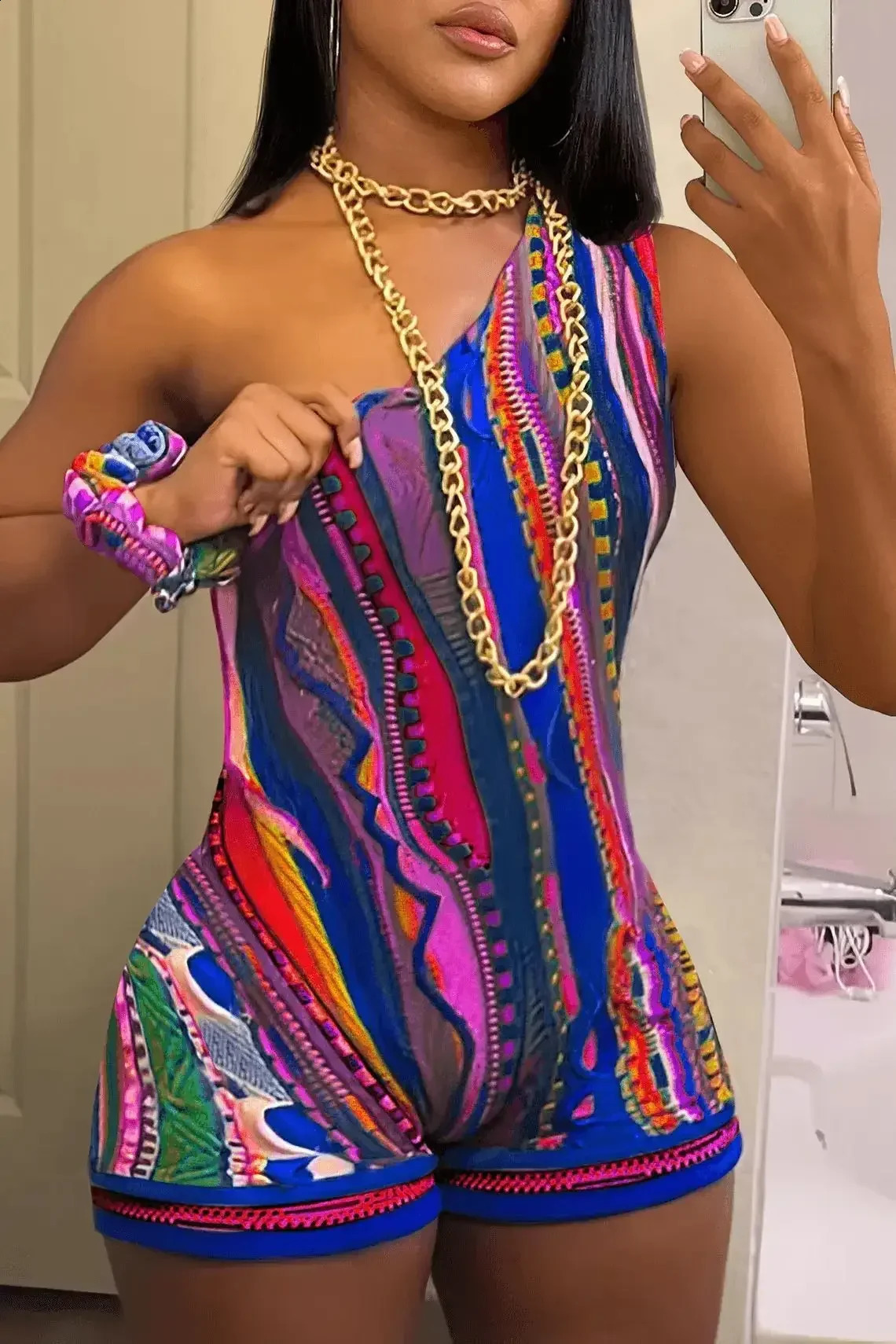 Striped Paisley Print Womens Set One Shoulder Tank Top and Shorts Summer Fashion Two 2 Piece Set Outfits Tracksuit 250327