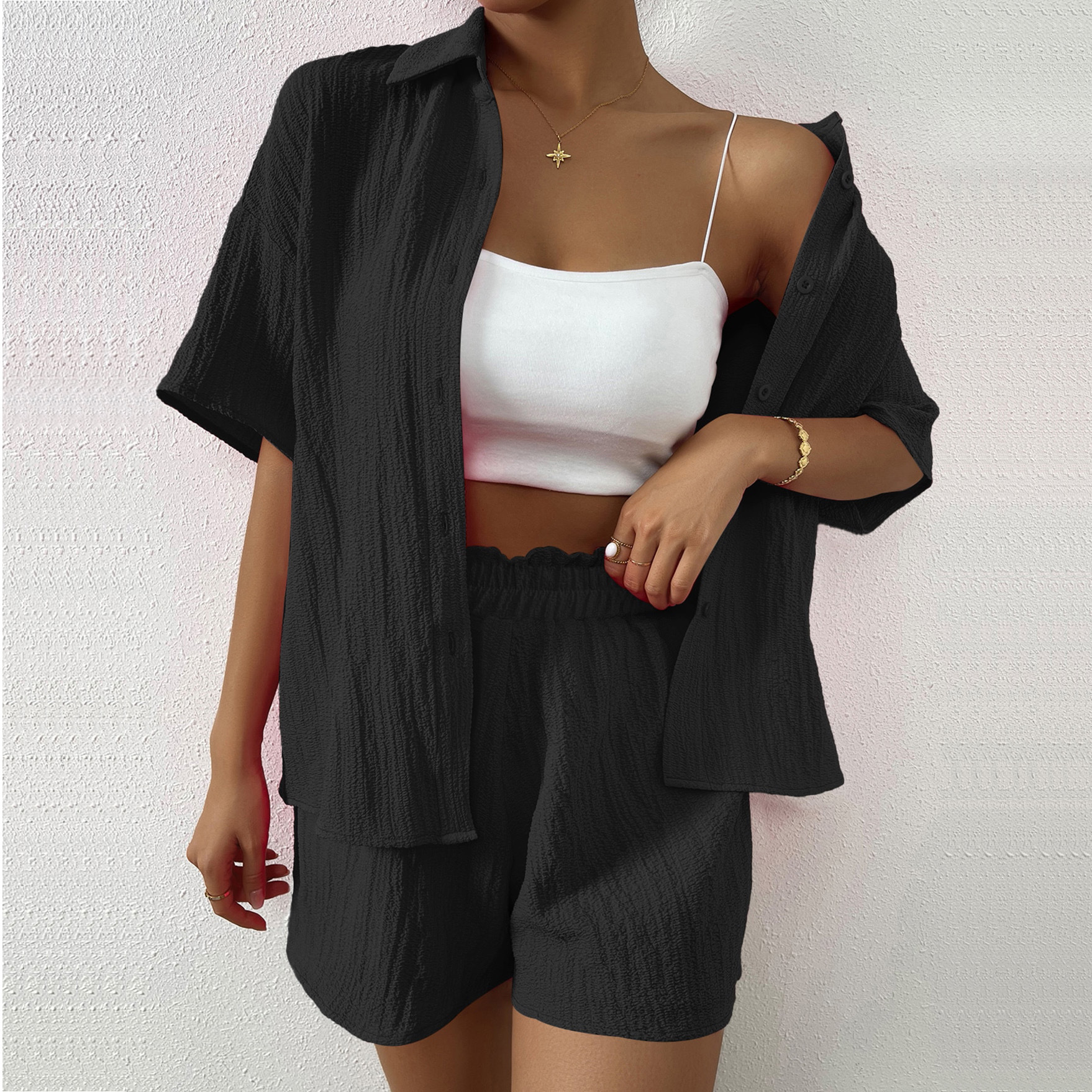 Summer women's set fashionable casual shorts short sleeved top shirt button up cardigan casual set