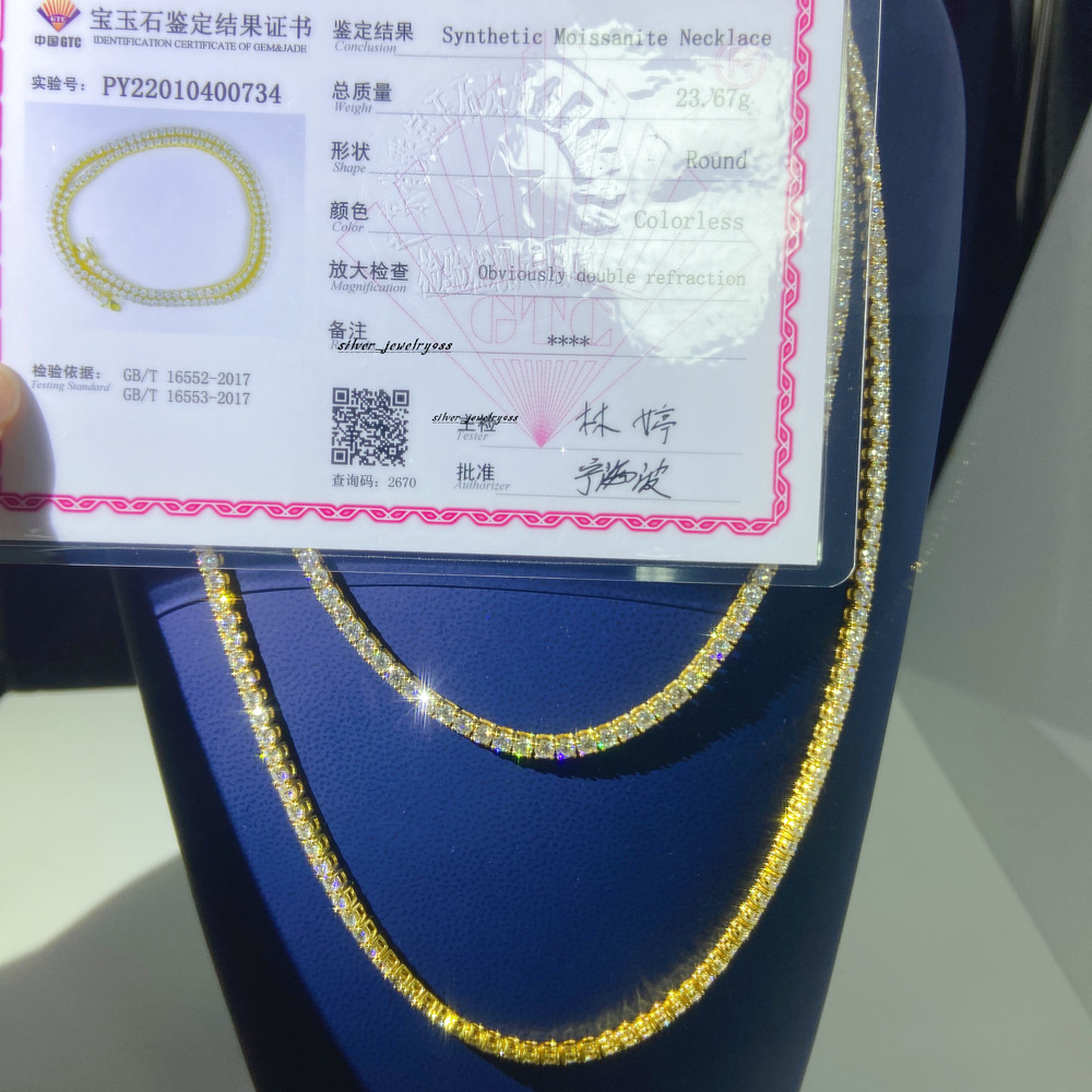 Hot Selling 3MM 10K Solid Gold VVS Moissanite Diamond Tennis Necklace Jewelry Chain Necklace Bracelet Men Tennis Chain