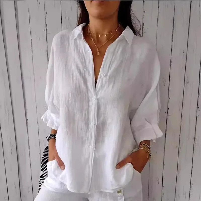 Summer Casual Cotton Linen Button Shirt Women Fashion Loose Solid Lapel Cotton Office Linen Shirt Women Top Retro 2025 White 250327