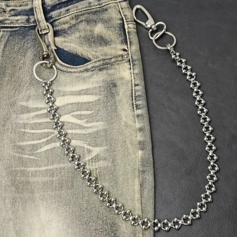 Copper Hook Round Beaded Pant Chain Black Punk Style Single Waist Retro Accessory y2k Silver Stainless Steel Keychain 250325