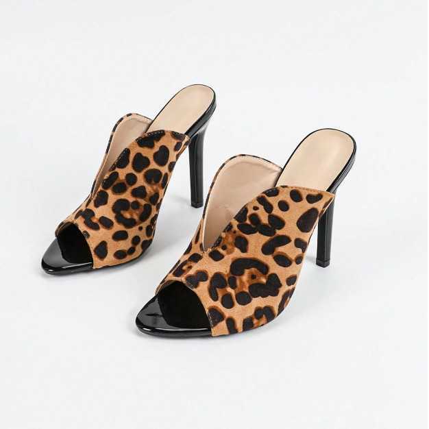 Ladies Round Headed Patent Leather Leopard Print Thin High Heeled Sandals Womens Shoes Sexy and Fashion Black High Heeled Shoes