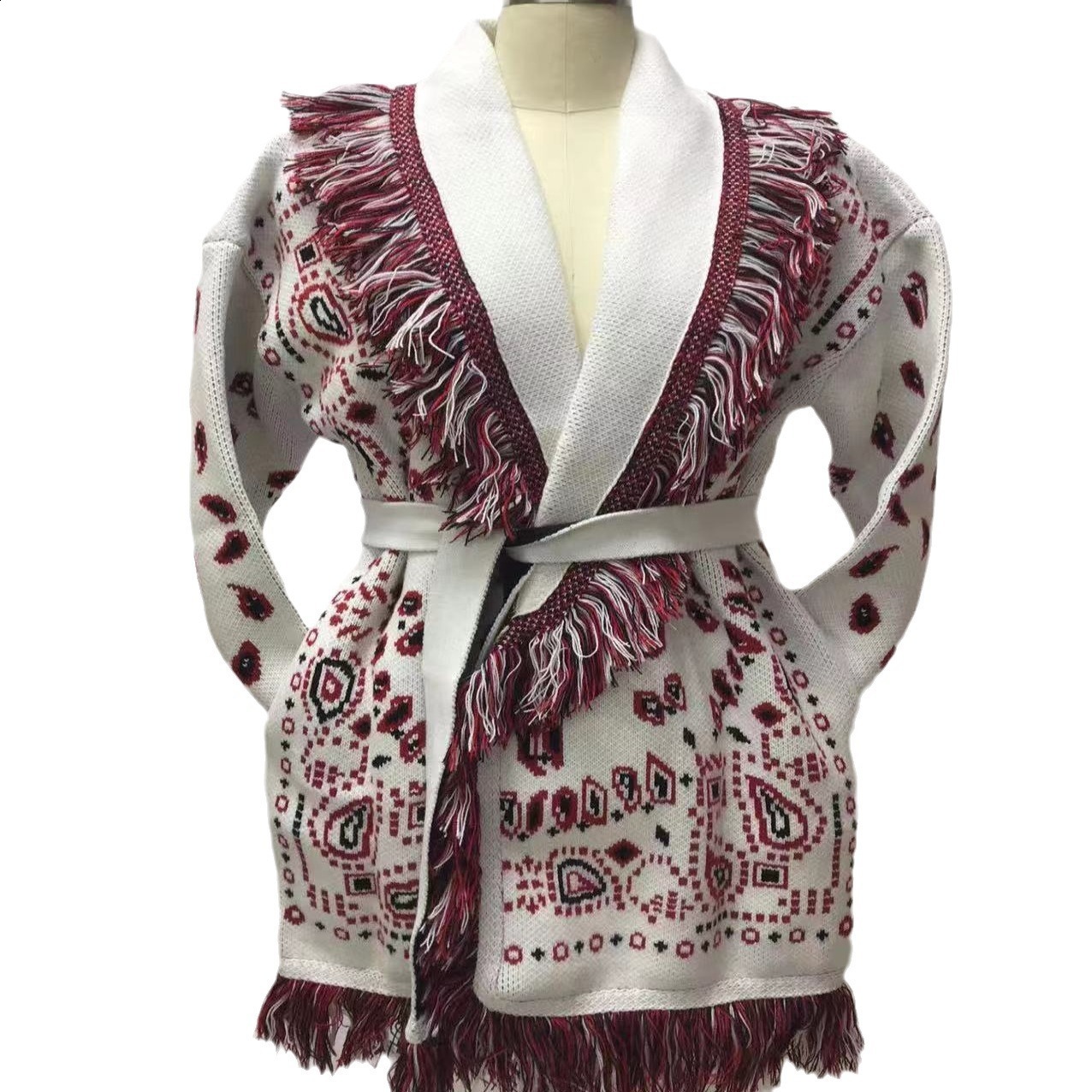 Autumn and winter thick tassel jacquard mid length cardigan womens loose color blocked lapel sweater jacket 230324