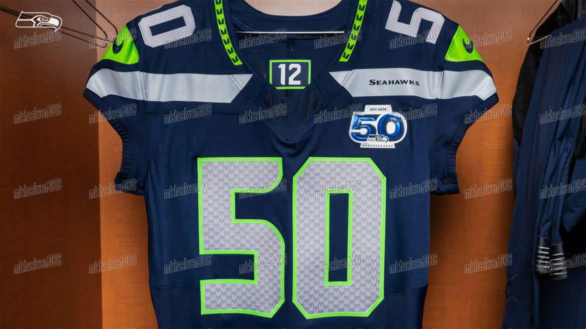 Cooper Kupp Jaxon SmithNjigba Seattles Seahawkss 50th Patch Football Jersey Devon Witherspoon Kenneth Walker Geno Smith Tyler Lockett Bobby Wagner Lynch Largent