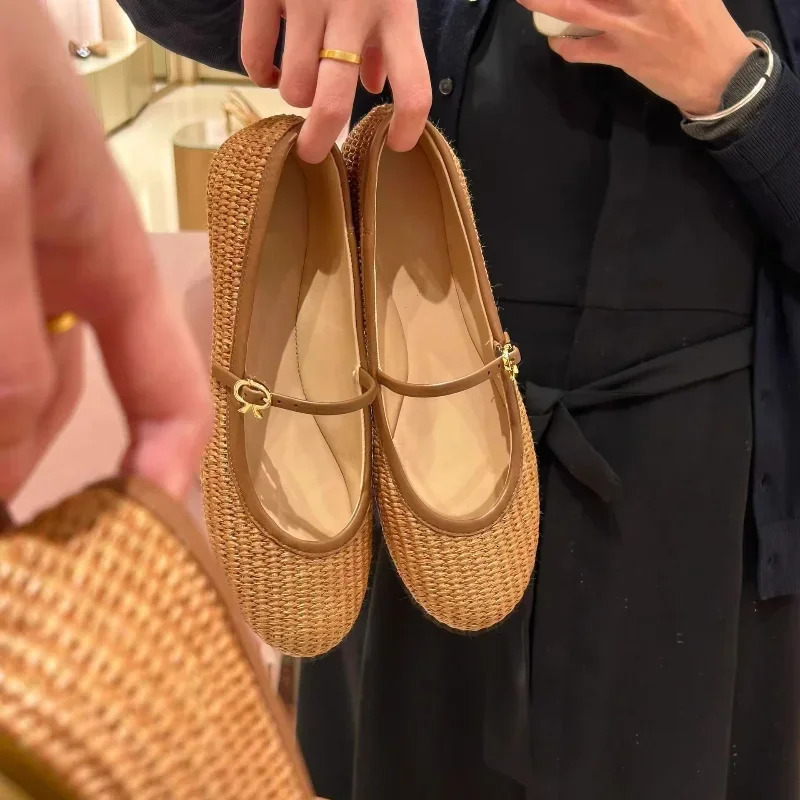 Spring Summer French Style Mary Jane Shoes Weaving Hollow Out Sandals Square Toe Buckle Strap Flats Shoes Women 250328