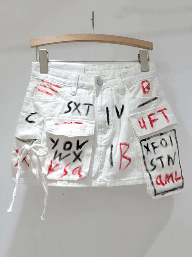 Trendy Vintage Women's Print Letter Pocket Mini Denim Skirts Spring Fashion New Items High Waist Skirt Female