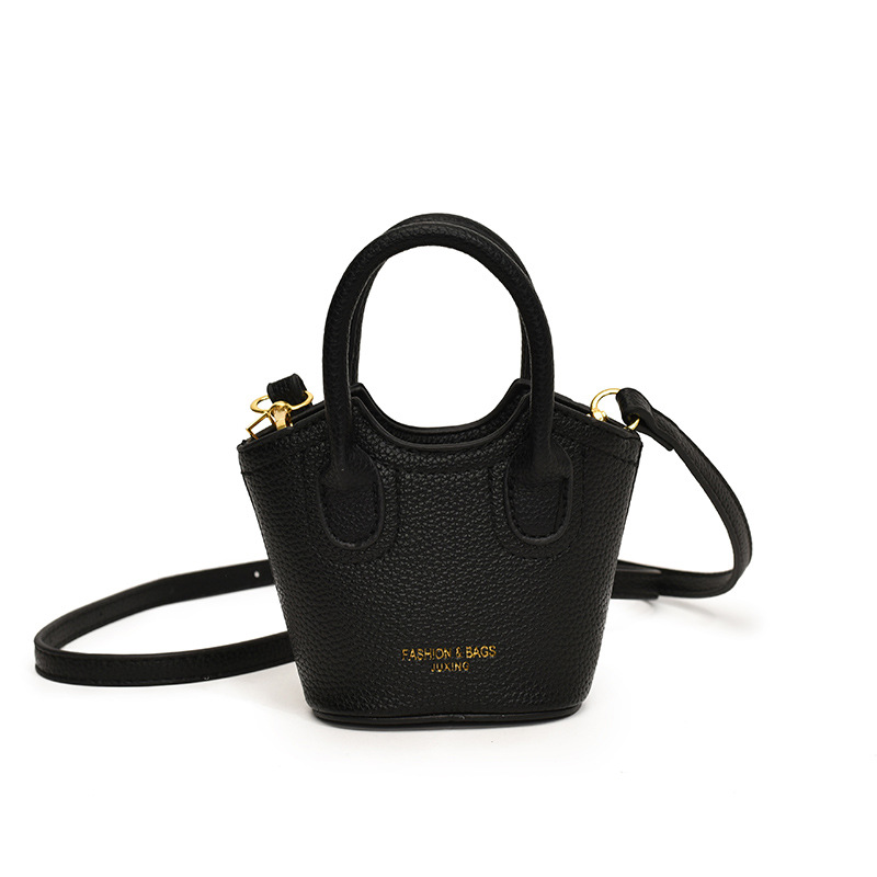 Hot selling solid color all-match lychee print PU girl crossbody carrying mini change lipstick accessory bucket bag