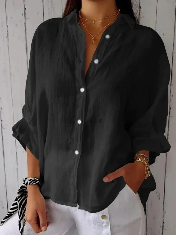 Summer Casual Cotton Linen Button Shirt Women Fashion Loose Solid Lapel Cotton Office Linen Shirt Women Top Retro 2025 White 250327