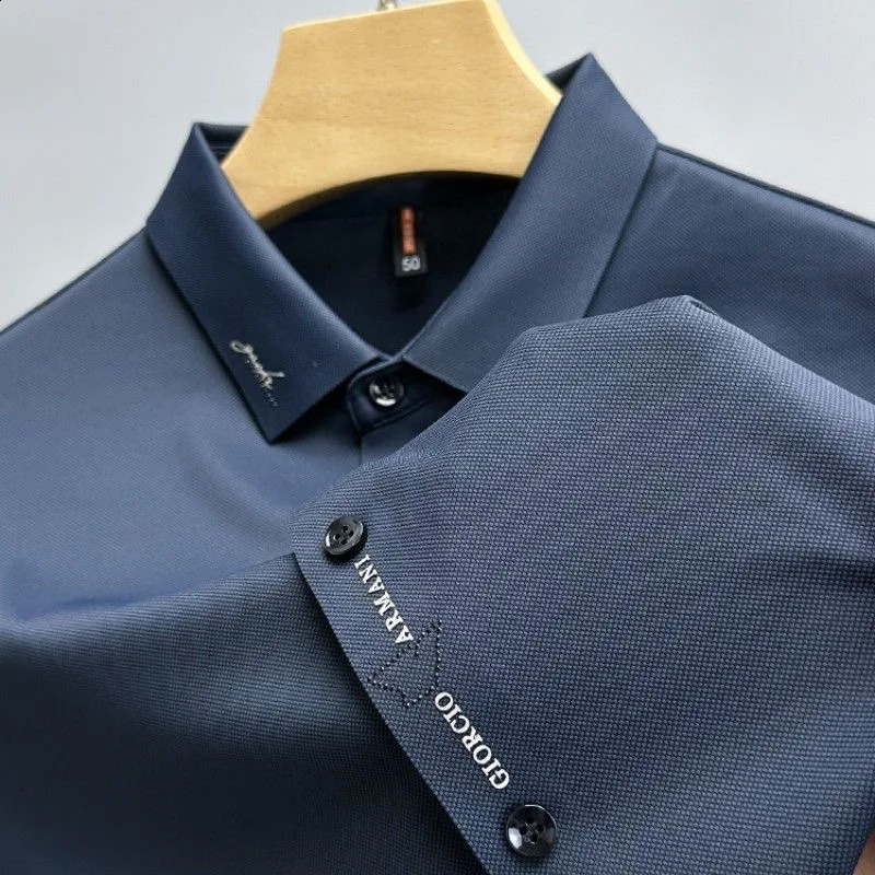 High end embryo fashion polo shirt short sleeved mens summer ice silk seamless breathable casual collar T-shirt 250327