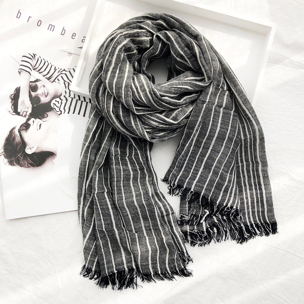 K245 Autumn and winter striped cotton and linen scarf for women classic casual silk scarf for men new pleated literary retro