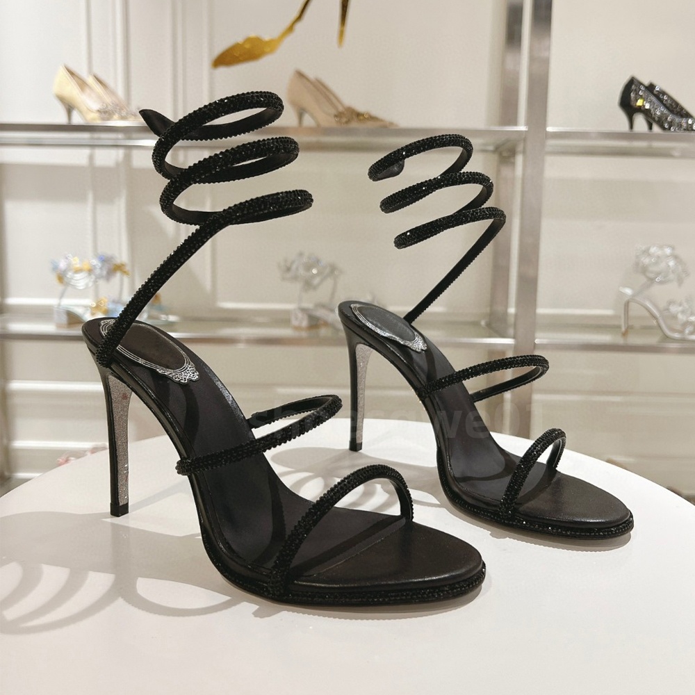 Crystals Embellished rhinestone Heels sandals 9.5cm 7.5cm Snake Strass stiletto Heels Designers Ankle Wraparound women high heeled sandal flower Evening shoes 34-43