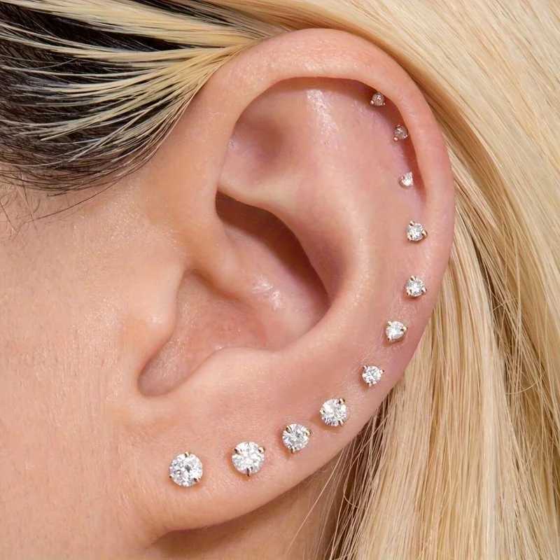 7 pieces/set stainless steel crystal flat stud womens mens bar screw back groove round transparent cubic zirconia perforated earrings jewelryXJ250327
