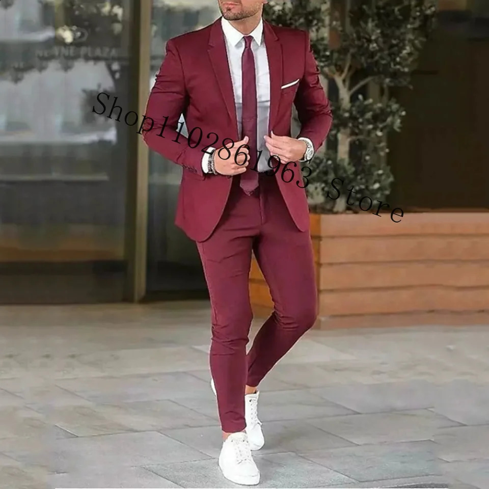 Burgundy Suits Men Blazer Slim Fit 2 Pieces Tuxedos Casual Groomsmen Wedding Suits Groom Tuexdos Jacket Pants Trajes De Hombre 250327