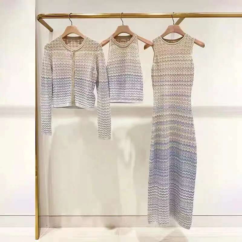 Women Gradient Wave Pattern Knit Dress Hollow Out Round Neck Female Slim Sleeveless Knitted Midi Robe Summer 2024
