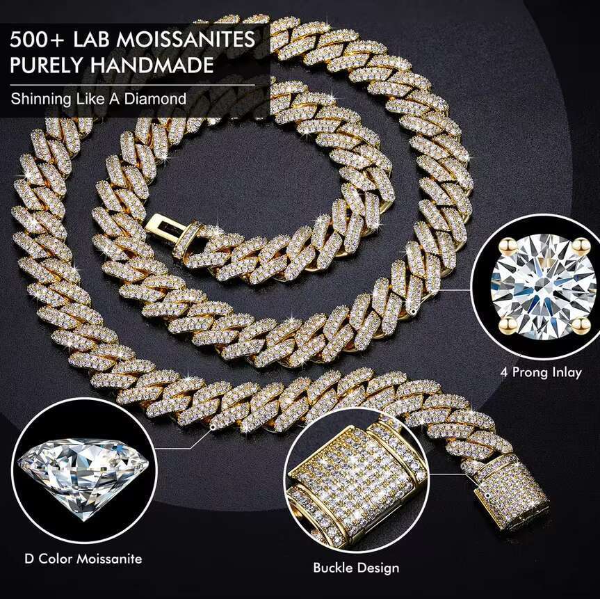 15-20Mm Custom VVS Moissanite Big Hip Hop Mens Rapper Dia Pendant Necklace Set Double Row Cuban K Chain