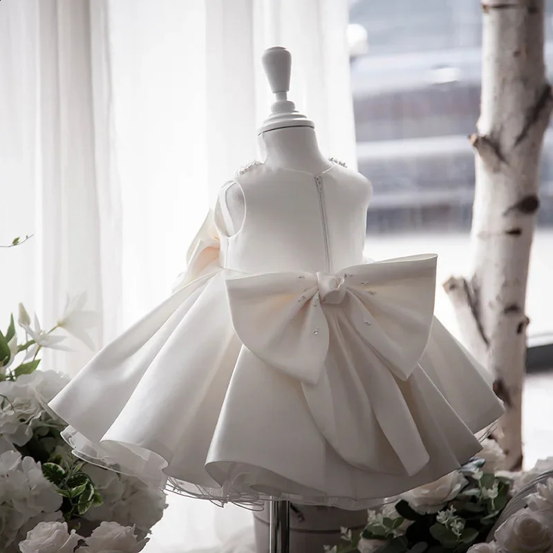 Baby Girl Dress Bow 1 Year Birthday White Wedding Satin Princess Evening Party Christening Dress Wednesday Costume Girls 250327