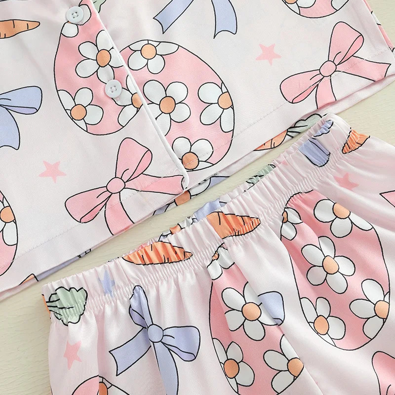 Kids Girls Easter Pajamas Set Easter Eggs Carrot Print Short Sleeve Shirts Elastic Waist Shorts 2 Pieces Lounge Suit Sleepwear 250328