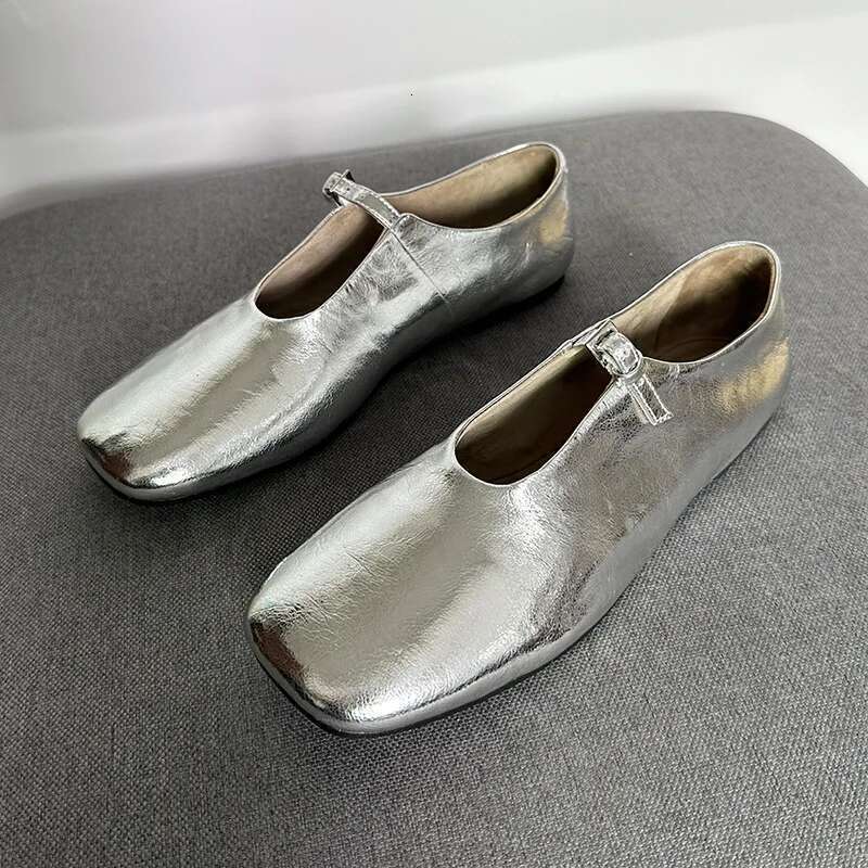 Casual Sneakers Woman Top-Grain Leather Brown Square-toed Single-bar Buckle Soft Sole Low-cut Ballet Flats For Spring And Autumn