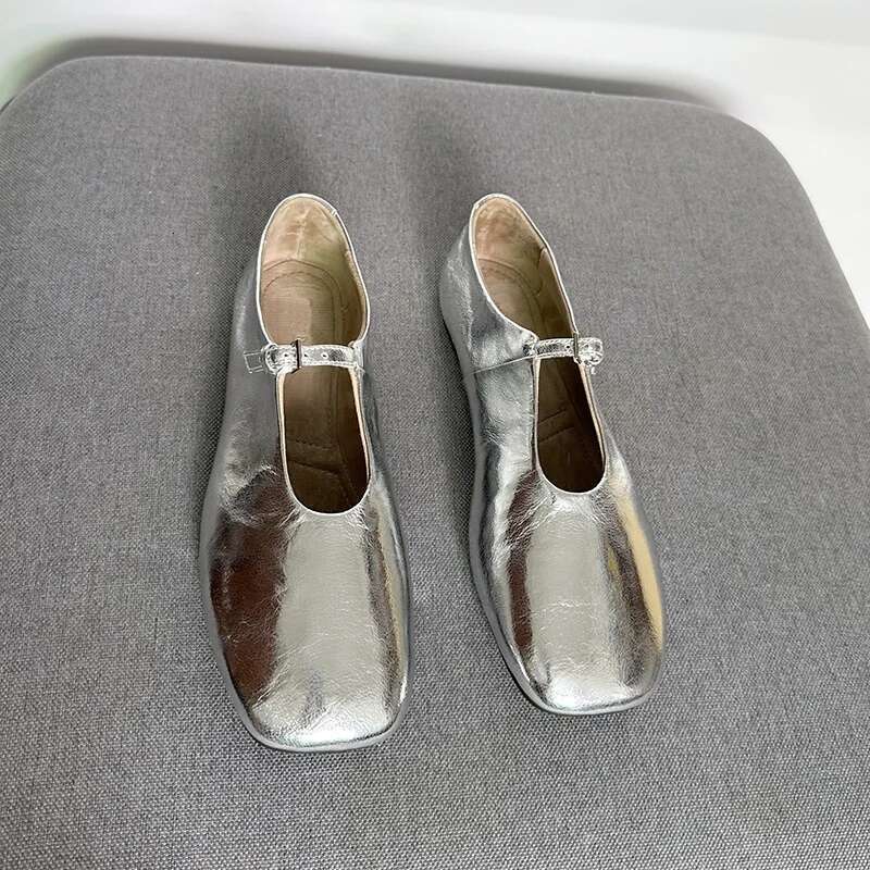 Casual Sneakers Woman Top-Grain Leather Brown Square-toed Single-bar Buckle Soft Sole Low-cut Ballet Flats For Spring And Autumn