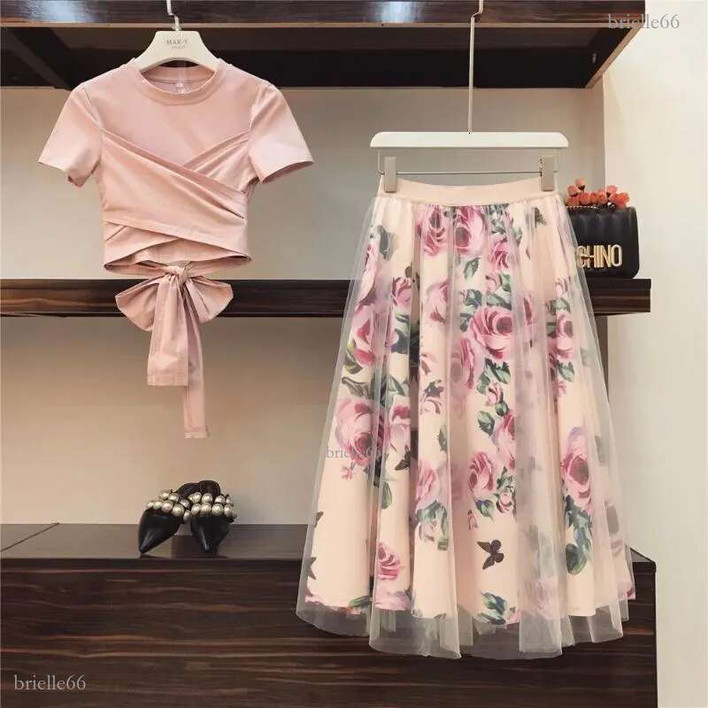 Skirts High Quality Women Irregular T-Shirt Mesh Long Skirt Suits Bowknot Solid Top Vintage Floral Sets Elegant Woman 2 Piece Set