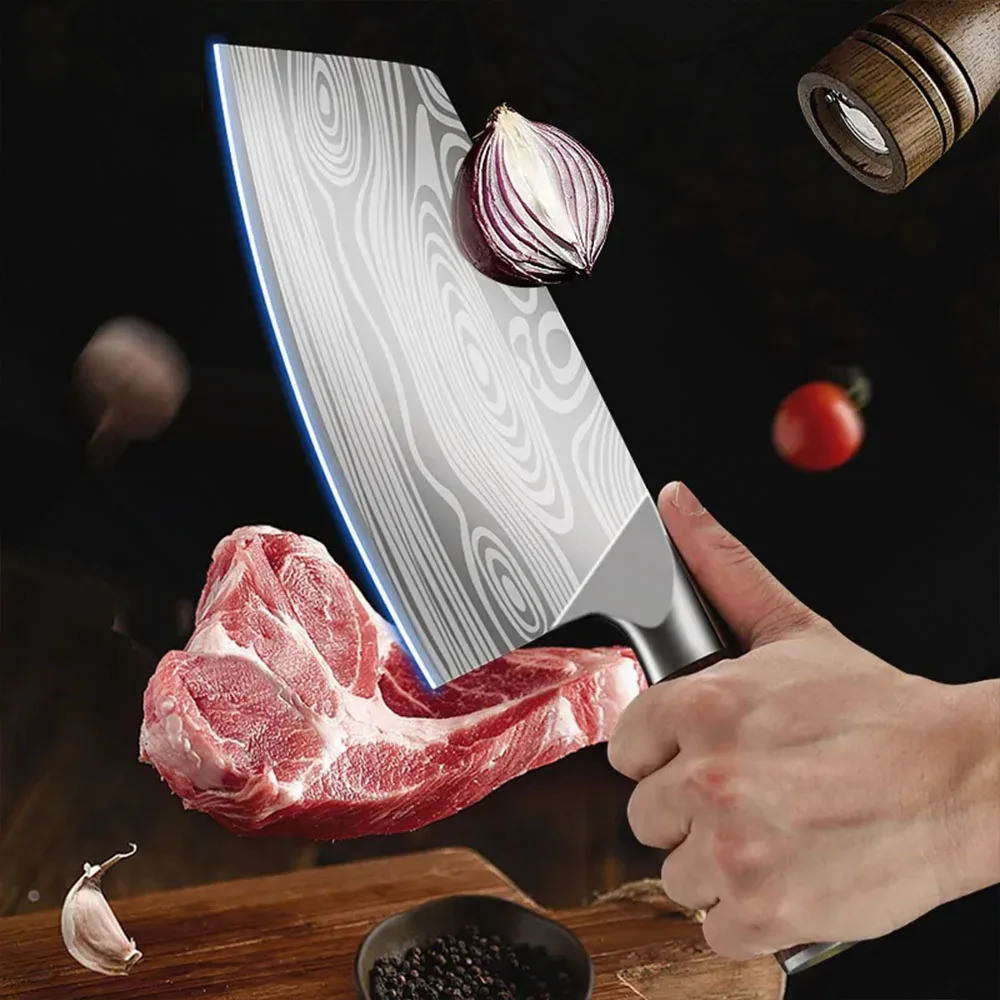 Professional Cleaver Knives Heavy Duty Chinese Knife Wooden Handle Laser Damascus Knife Cleaver Meat Chicken Fish Kitchen Knife 250327