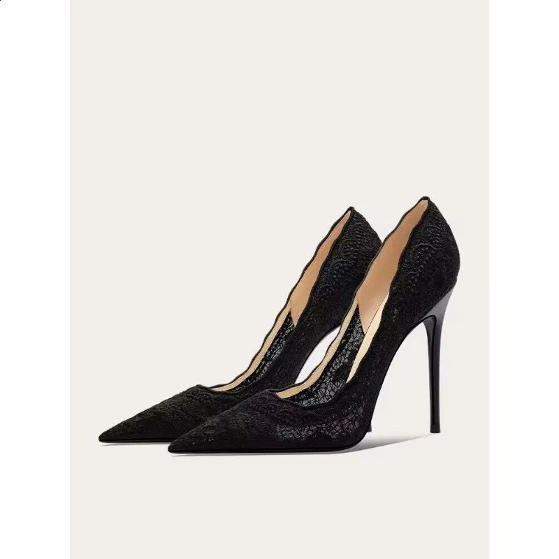 Bridal White Lace Stiletto High Heels Womens Party Corner Toe Mesh Shallow Pump Leather Official Wedding Shoes 250326